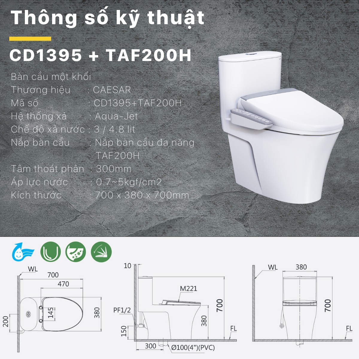Bồn cầu 1 khối nắp điện tử Caesar CD1395+TAF200H