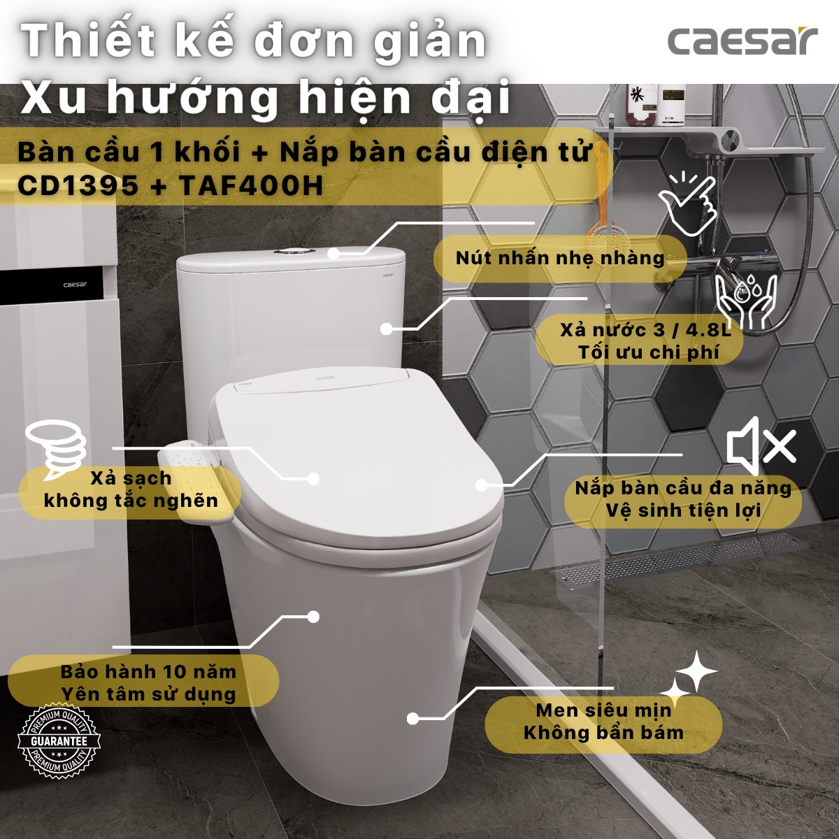 Bồn cầu 1 khối nắp điện tử Caesar C1395F + TAF400H (CD1395+TAF400H)