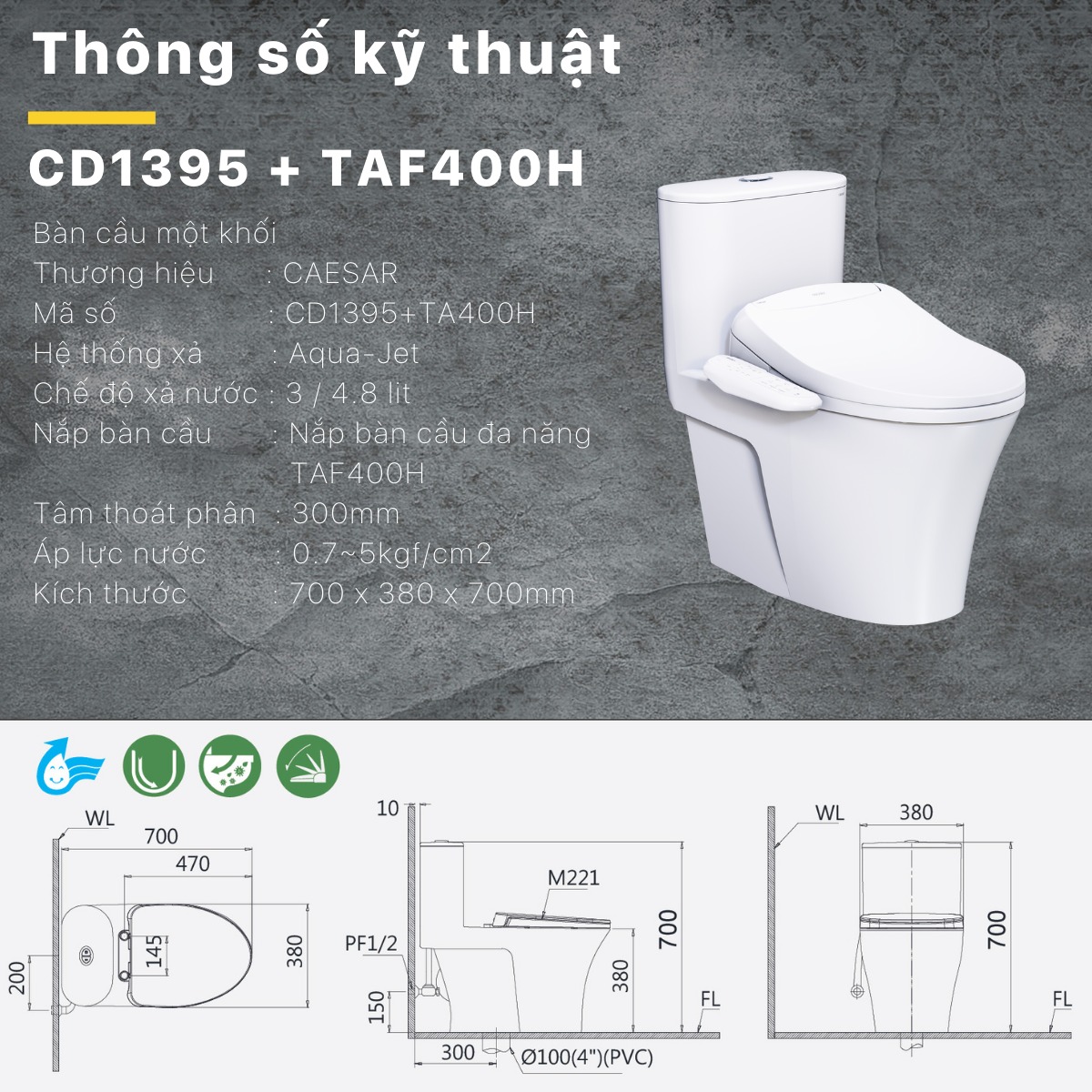 Bồn cầu 1 khối nắp điện tử Caesar C1395F + TAF400H (CD1395+TAF400H)