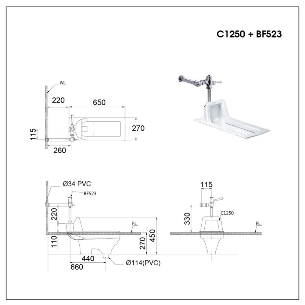 Bồn cầu xổm kèm van xả tay gạt Caesar C1250+BF523A