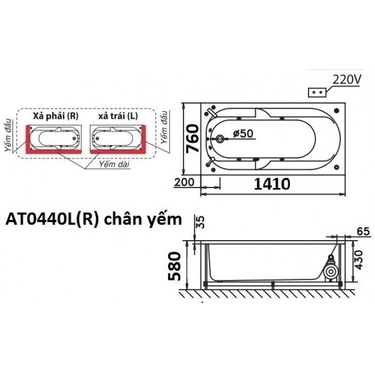Bồn tắm chân yếm 1m4 Caesar AT0440L(R)