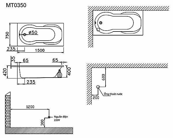 Bồn tắm chân yếm 1m5 massage Caesar MT0350L(R)