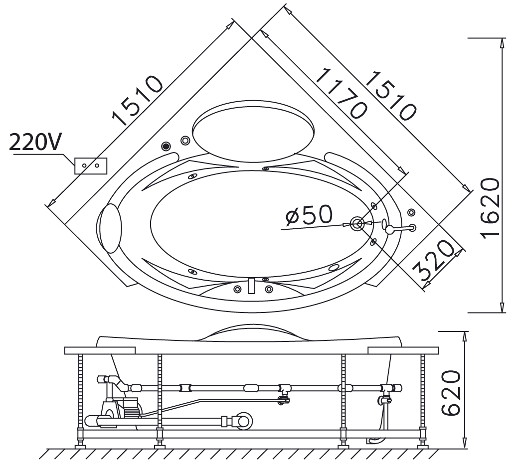 Bồn tắm chân yếm đặt góc 1m5 Caesar AT5150