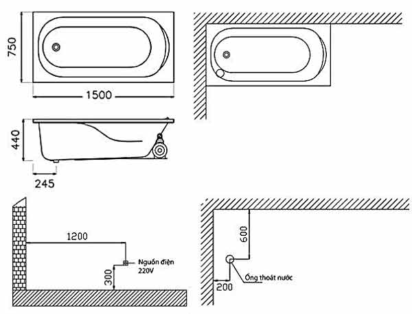 Bản Vẽ Kỹ Thuật Bồn Tắm Bồn Tắm Massage Caesar MT0150L/R