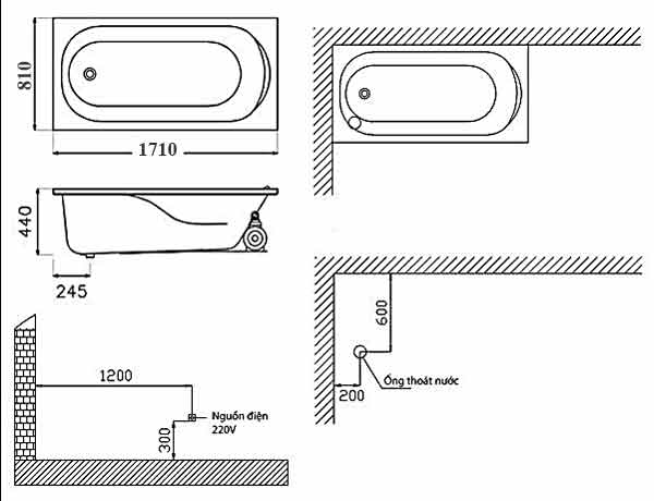 Bản Vẽ Kỹ Thuật Bồn Tắm Massage Caesar MT0170L/R