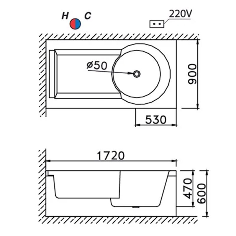 Bồn tắm chân yếm 1m7 massage hơi Caesar MT211L(R)
