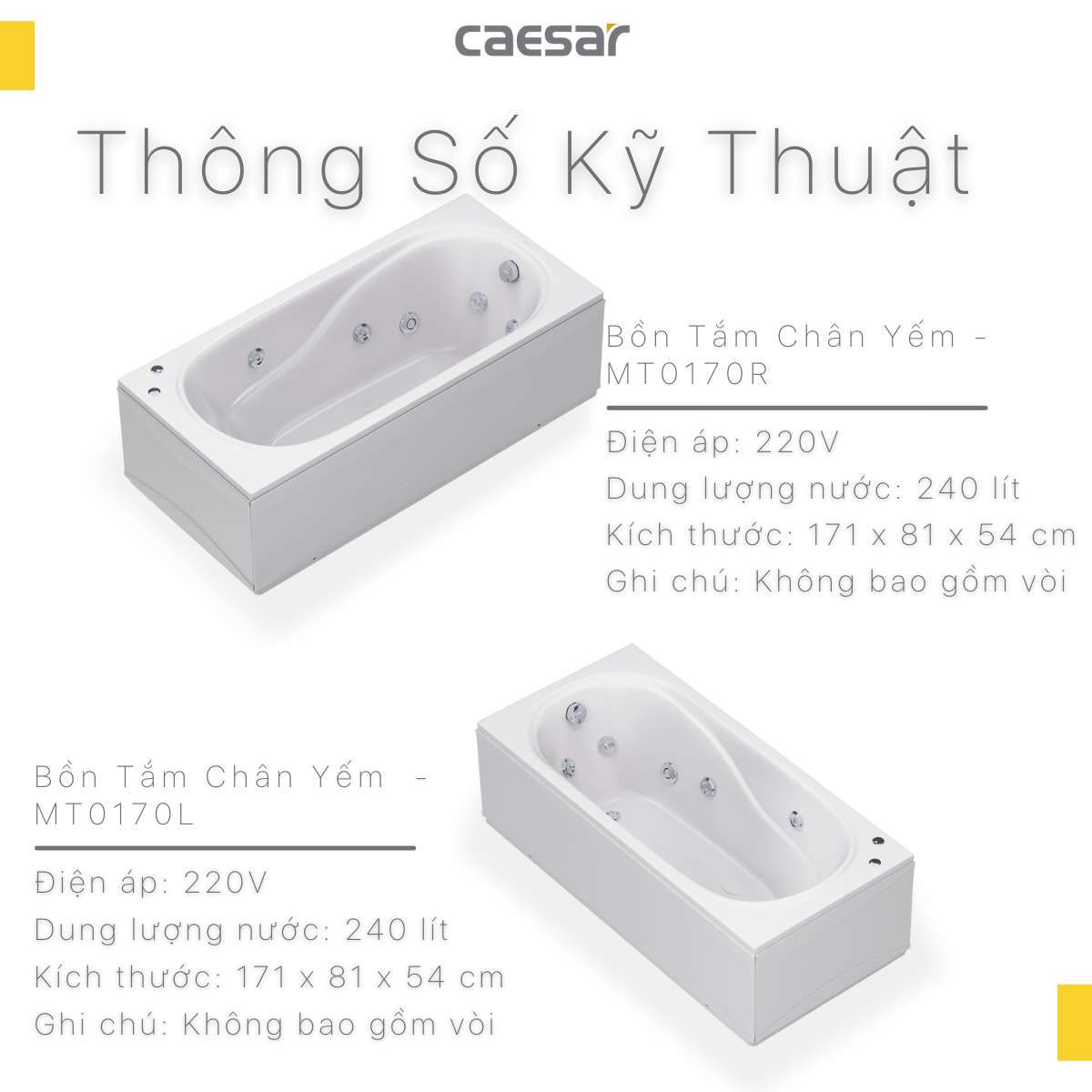 Bồn tắm chân yếm 1m7 massage Caesar MT0170L(R)