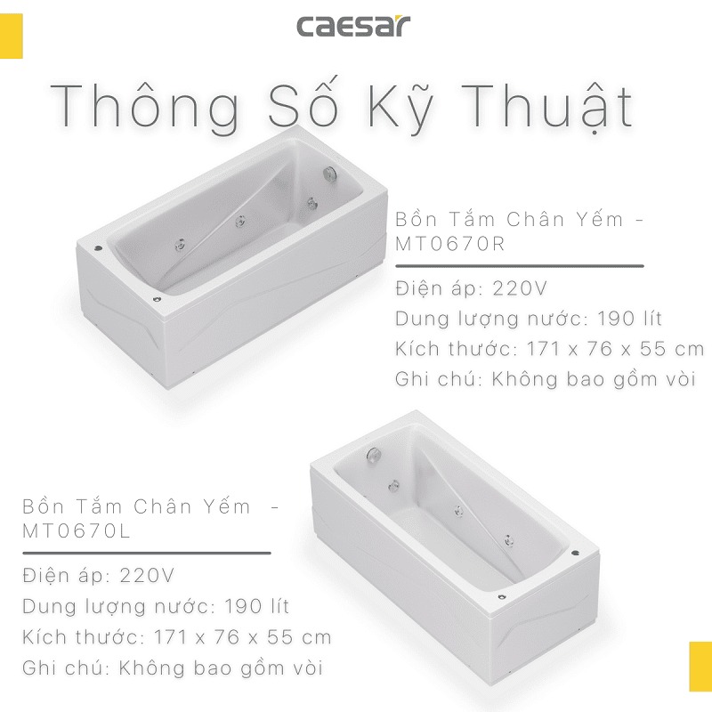 Bồn tắm chân yếm 1m7 massage Caesar MT0670L(R)