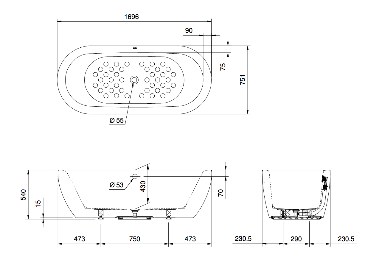 Bản Vẽ Kỹ Thuật Bồn Tắm Nhựa Đặt Sàn PAY1717CPTNE TOTO