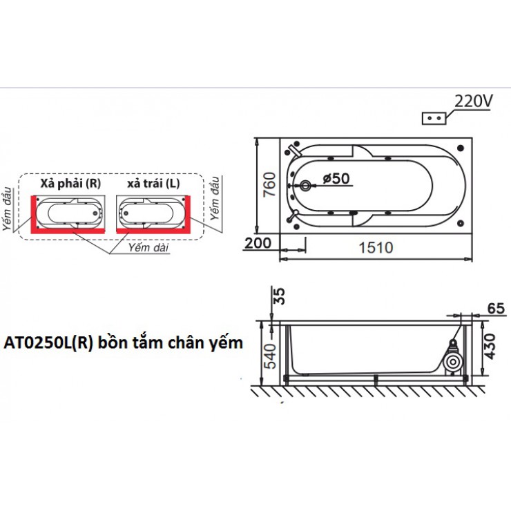 Bồn tắm chân yếm 1m5 Caesar AT0250L(R)