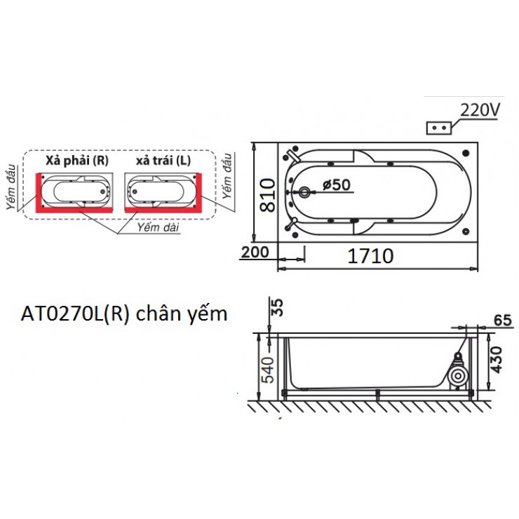 Bồn Tắm Có Chân Yếm 1.7M Caesar AT0270L(R)