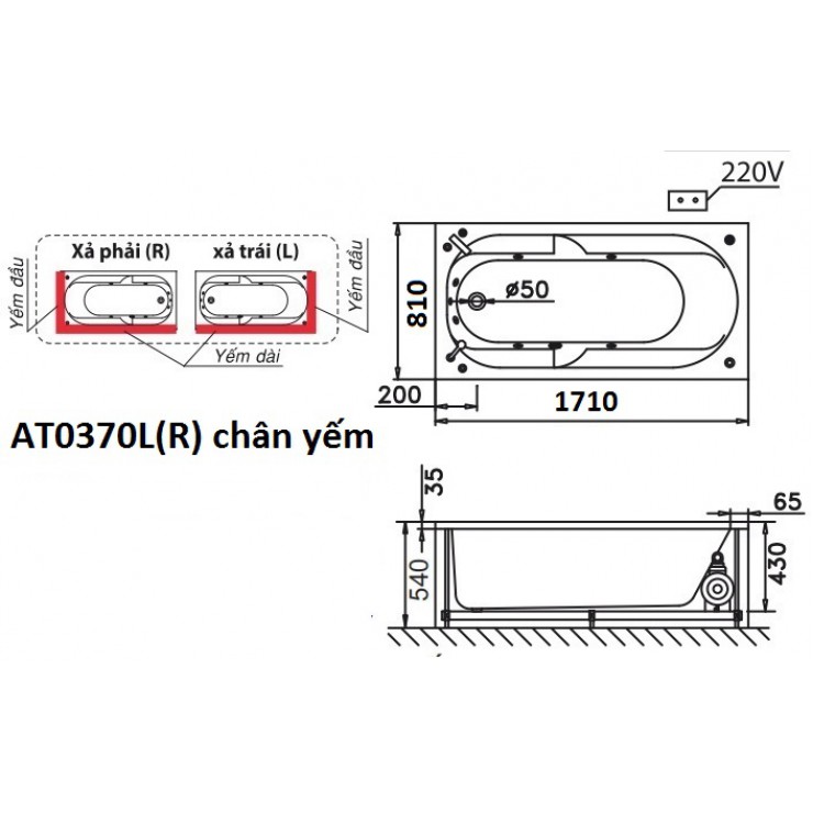 Bồn Tắm Có Chân Yếm 1.7M Caesar AT0370L(R) 