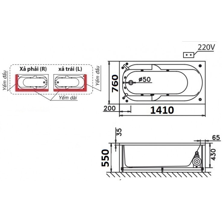 Bồn tắm chân yếm 1m4 Caesar AT0640L(R)