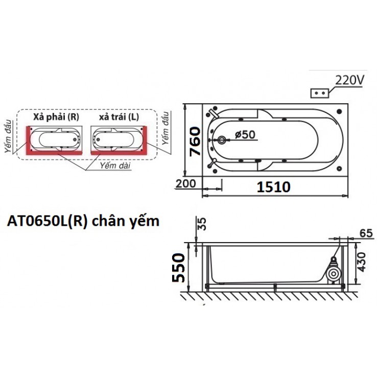 Bồn Tắm Có Chân Yếm 1.5M Caesar AT0650L(R)