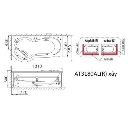 Bồn Tắm Xây Không Chân Yếm 1.8M Caesar AT3180L(R)A