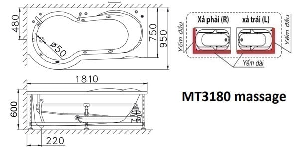 Bản Vẽ Kỹ Thuật Bồn Tắm Massage Không Chân Không Yếm MT3180AL/R