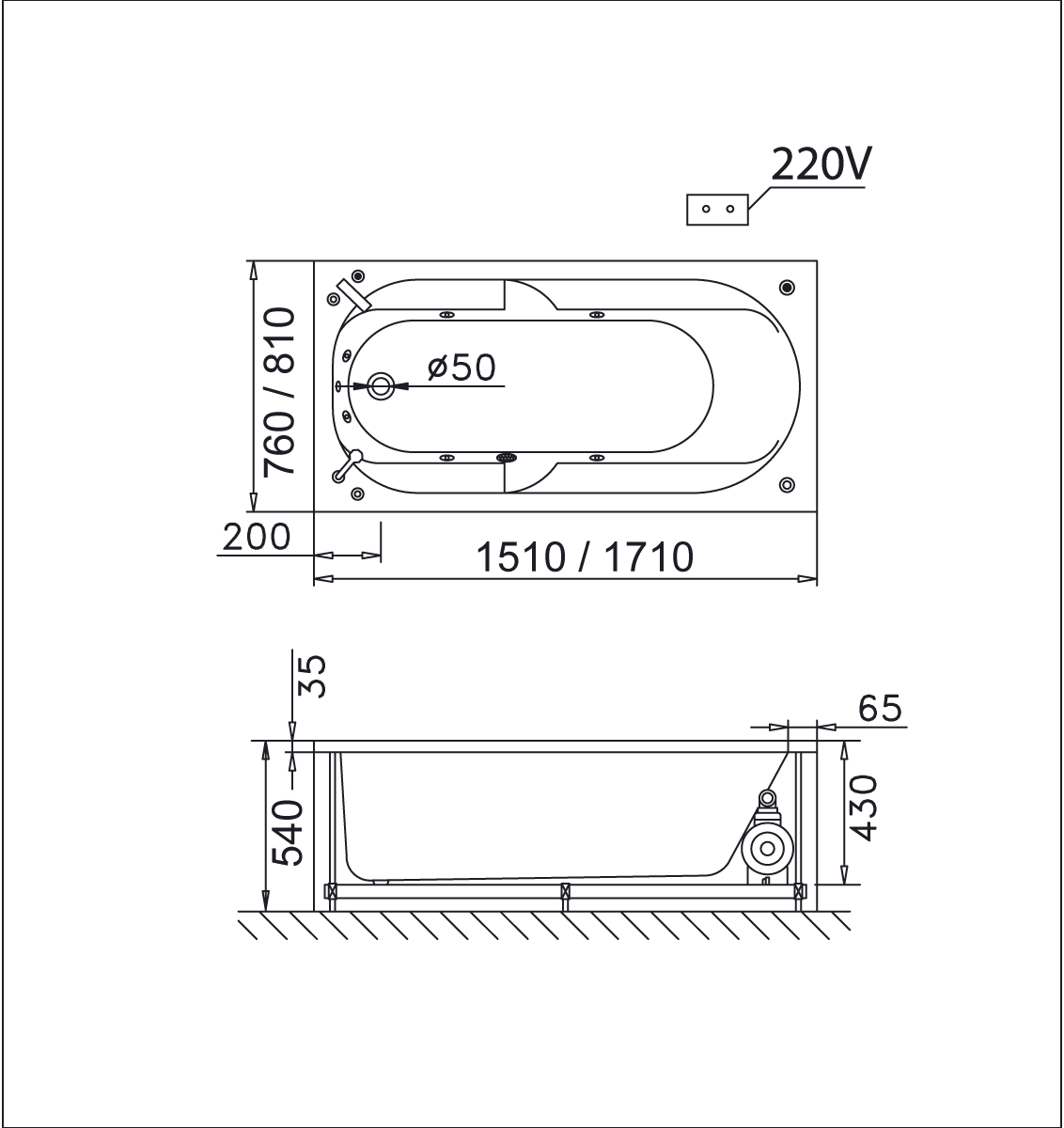 Bản vẽ kỹ thuật Bồn Tắm Massage Caesar MT0250L/R