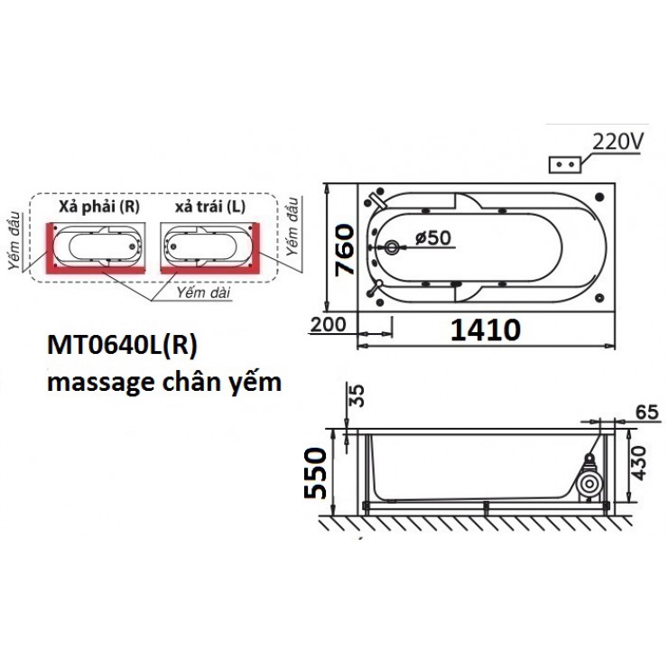 Bồn tắm massage chân yếm 1m4 Caesar MT0640L(R) (bỏ mẫu)