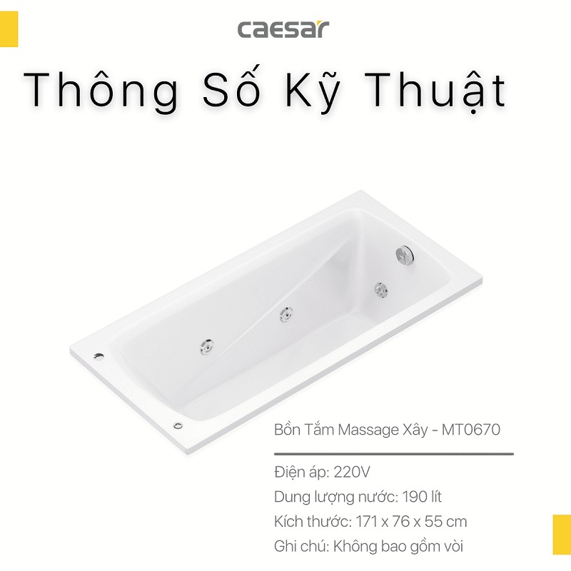 Bồn tắm xây 1m7 massage Caesar MT0670