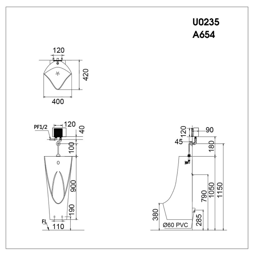 Bồn tiểu nam treo tường kèm van xả cảm ứng Caesar U0235+A654