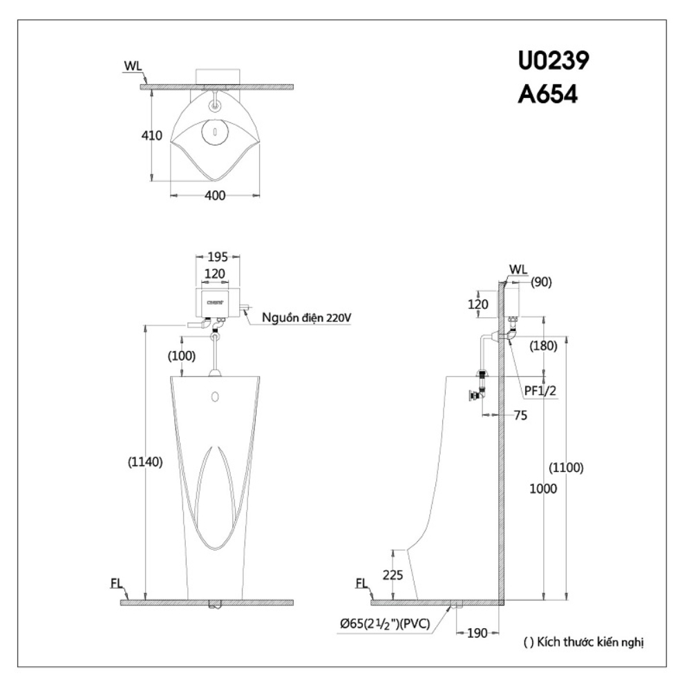 Bồn tiểu nam đặt sàn kèm van xả cảm ứng Caesar U0239+A654