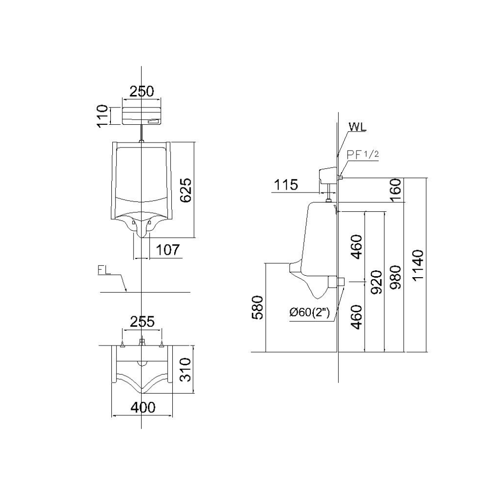 Bồn tiểu nam treo tường kèm van xả cảm ứng Caesar U0240+A623