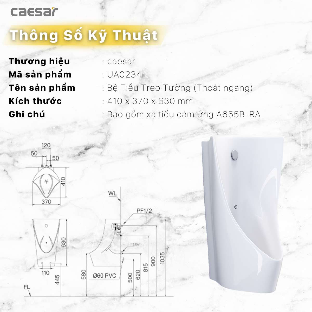 Bồn tiểu nam treo tường cảm ứng thoát ngang Caesar UA0234