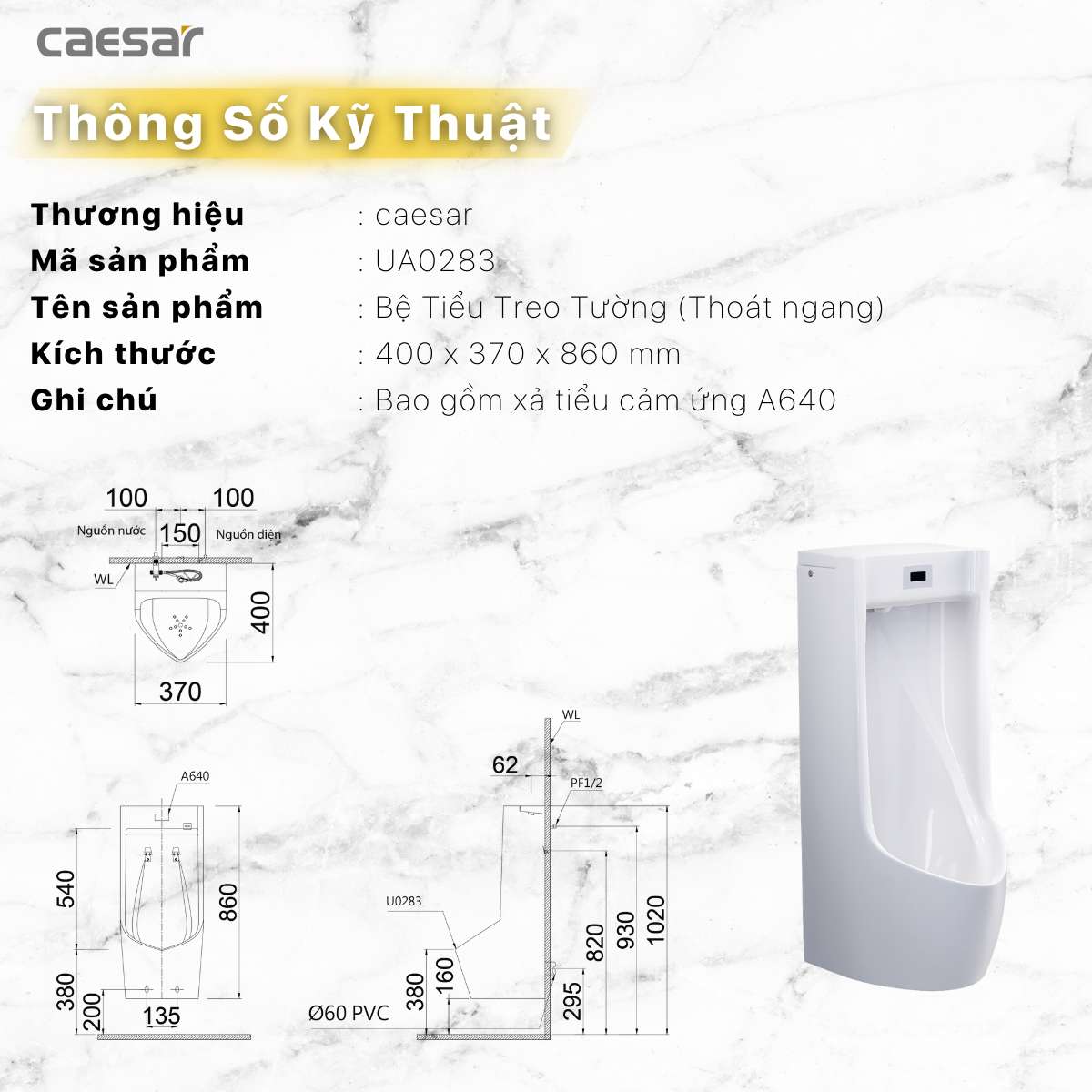 Bồn tiểu nam treo tường van cảm ứng Caesar UA0283