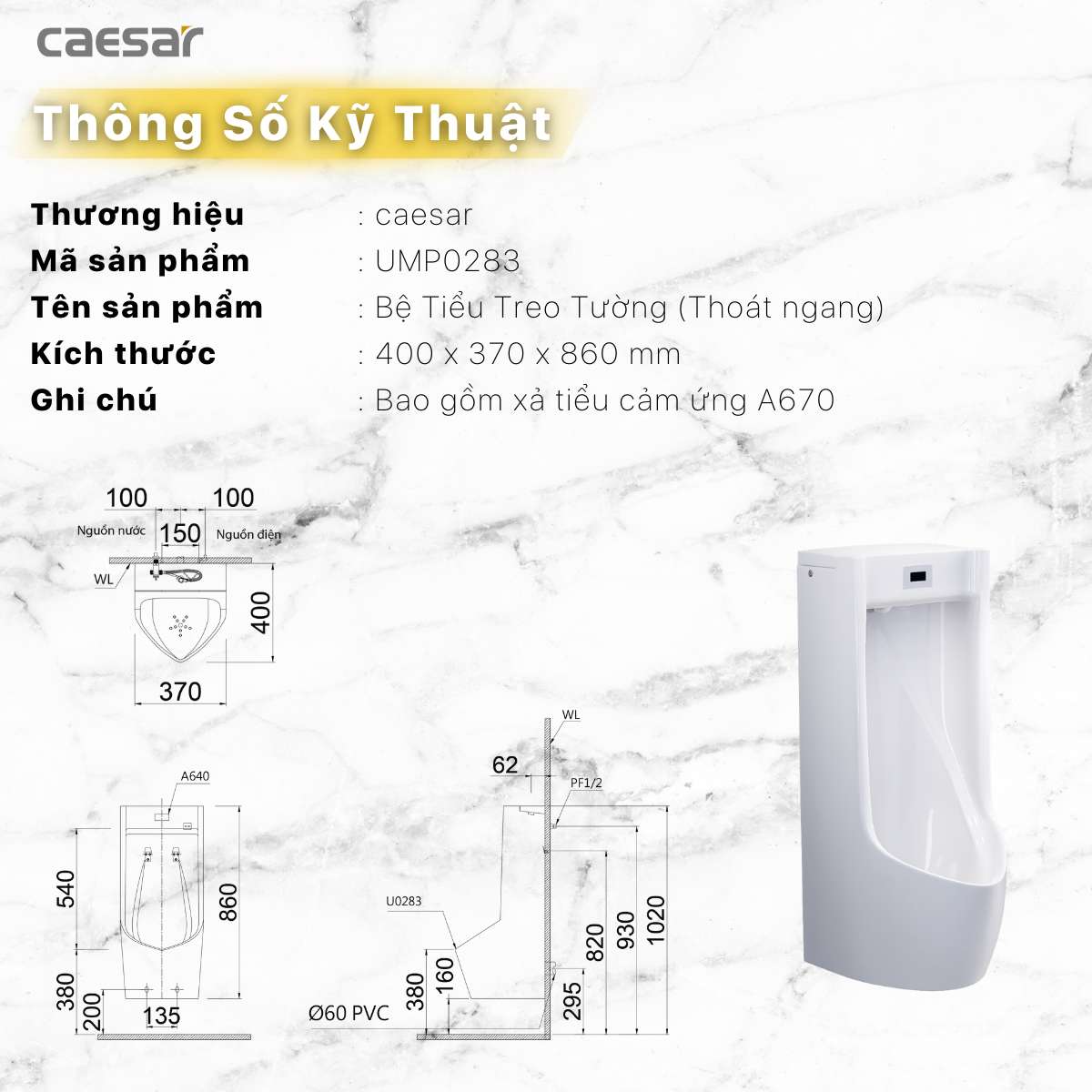 Bồn tiểu nam treo tường cảm ứng thoát ngang Caesar UMP0283