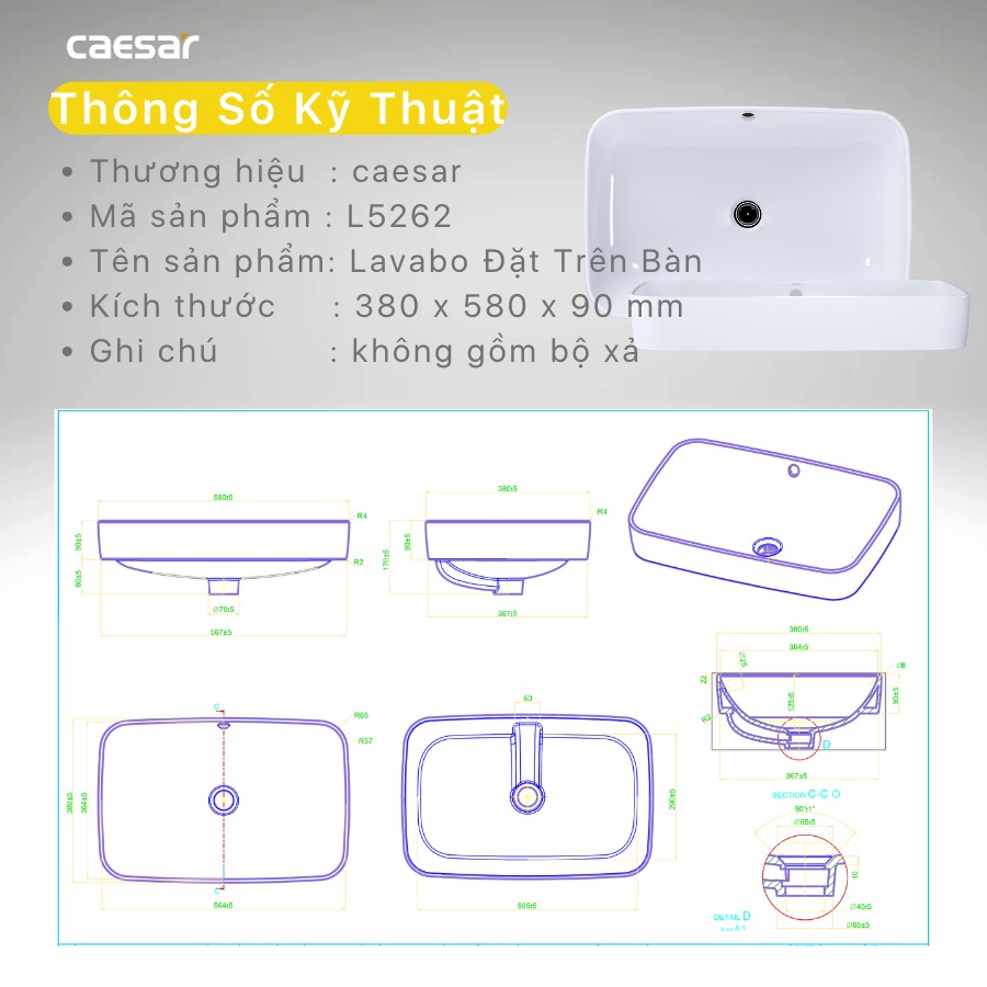 Chậu rửa lavabo đặt bàn Caesar L5262