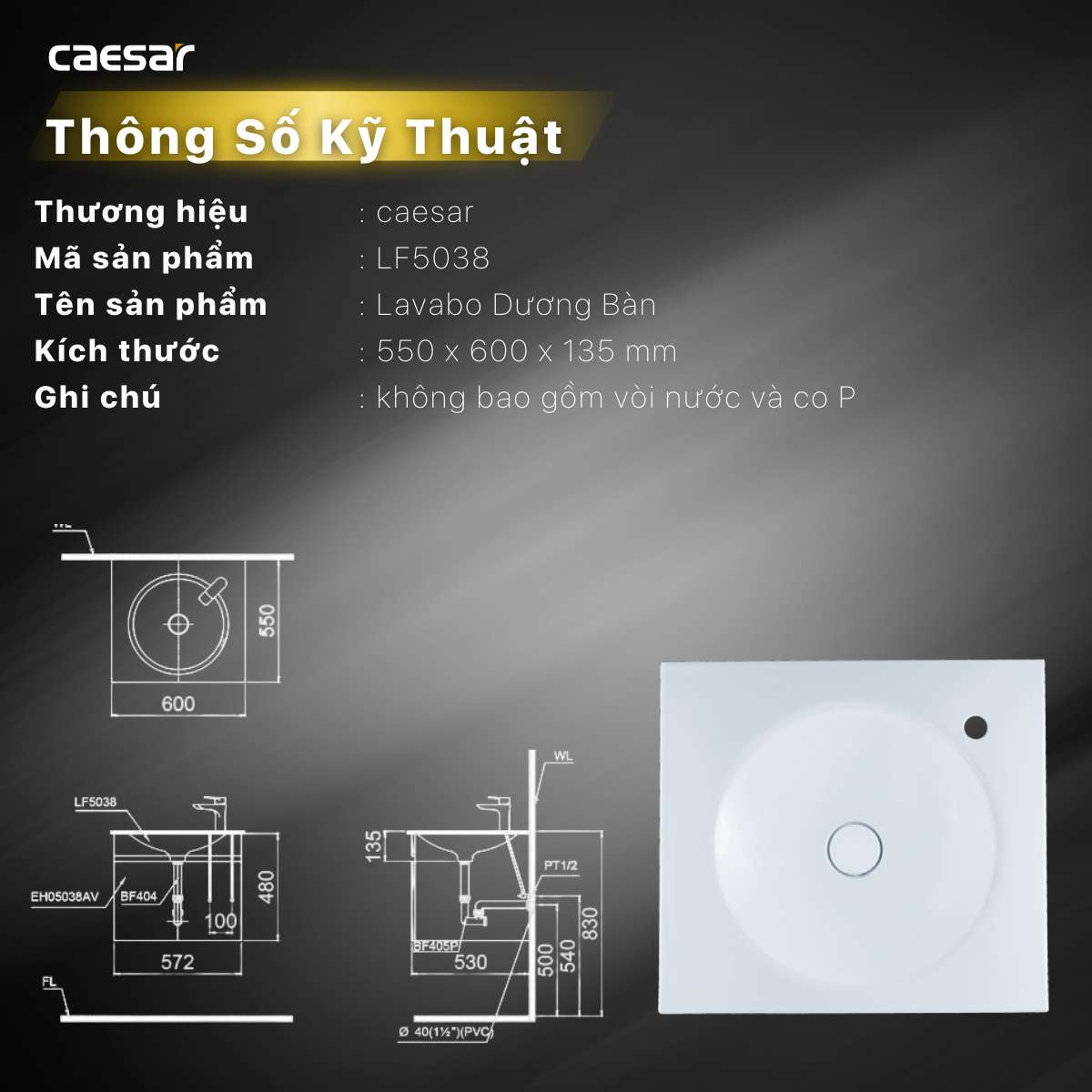 Chậu lavabo dương vành Caesar LF5038