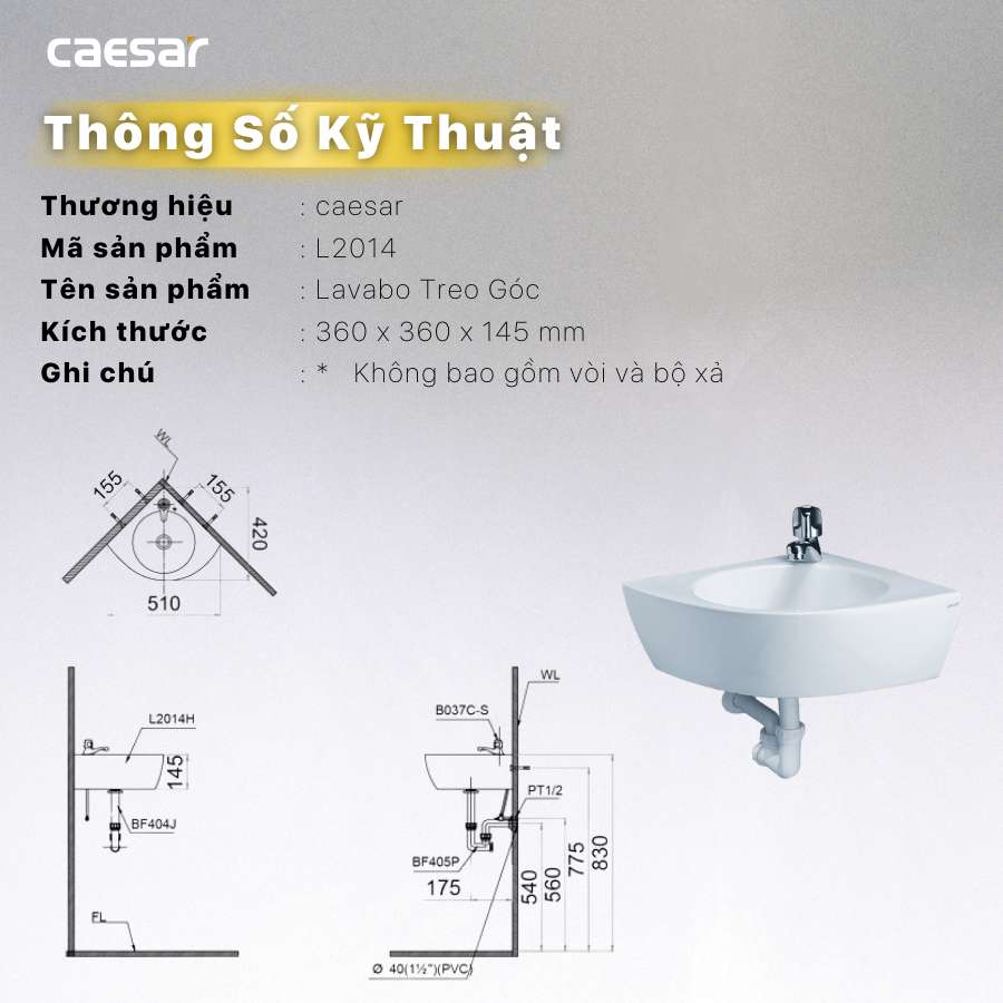 Chậu rửa lavabo treo tường đặt góc Caesar L2014