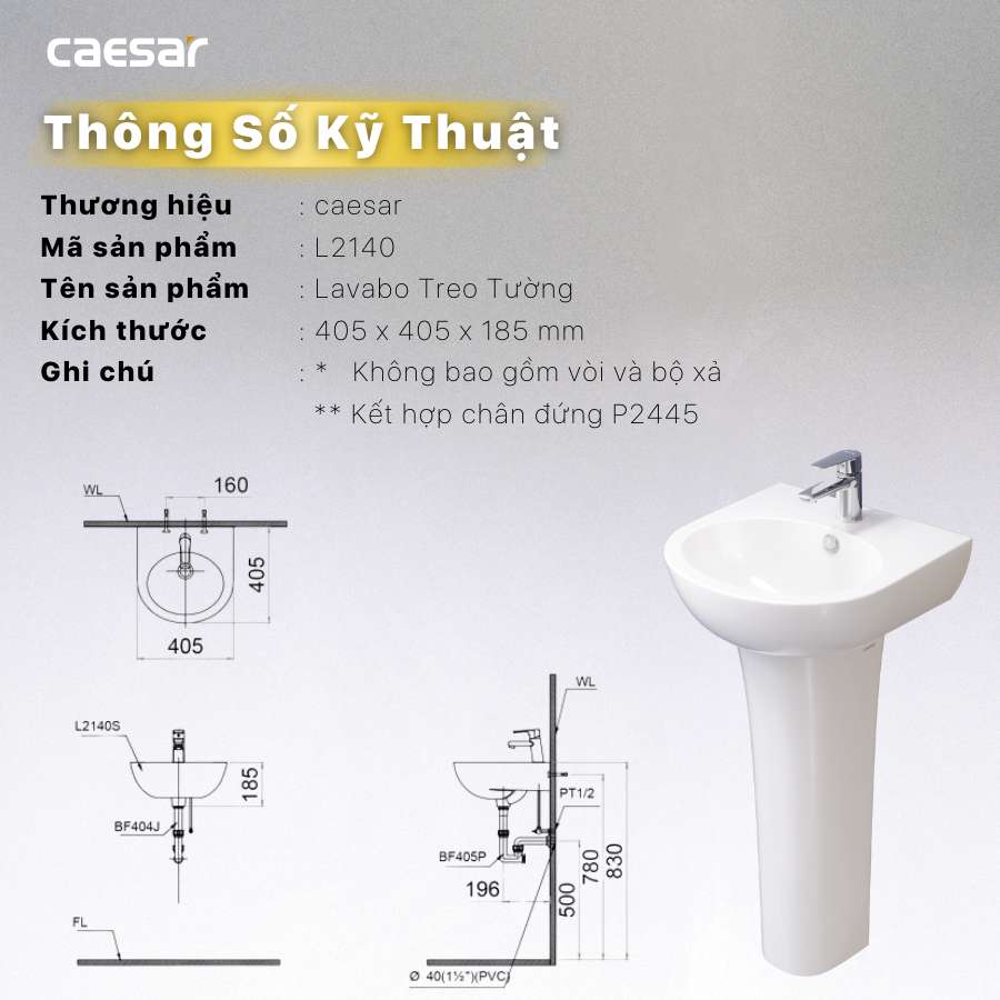 Chậu rửa lavabo treo tường Caesar L2140