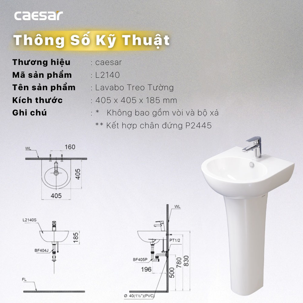 Chậu rửa lavabo treo tường chân dài Caesar L2140+P2445