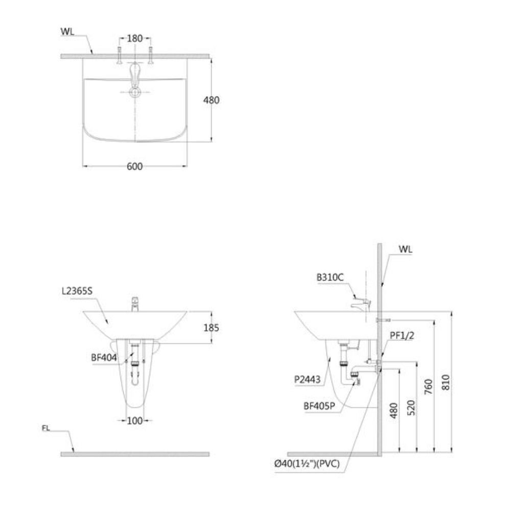Chậu rửa lavabo treo tường chân lửng Caesar L2365+P2443