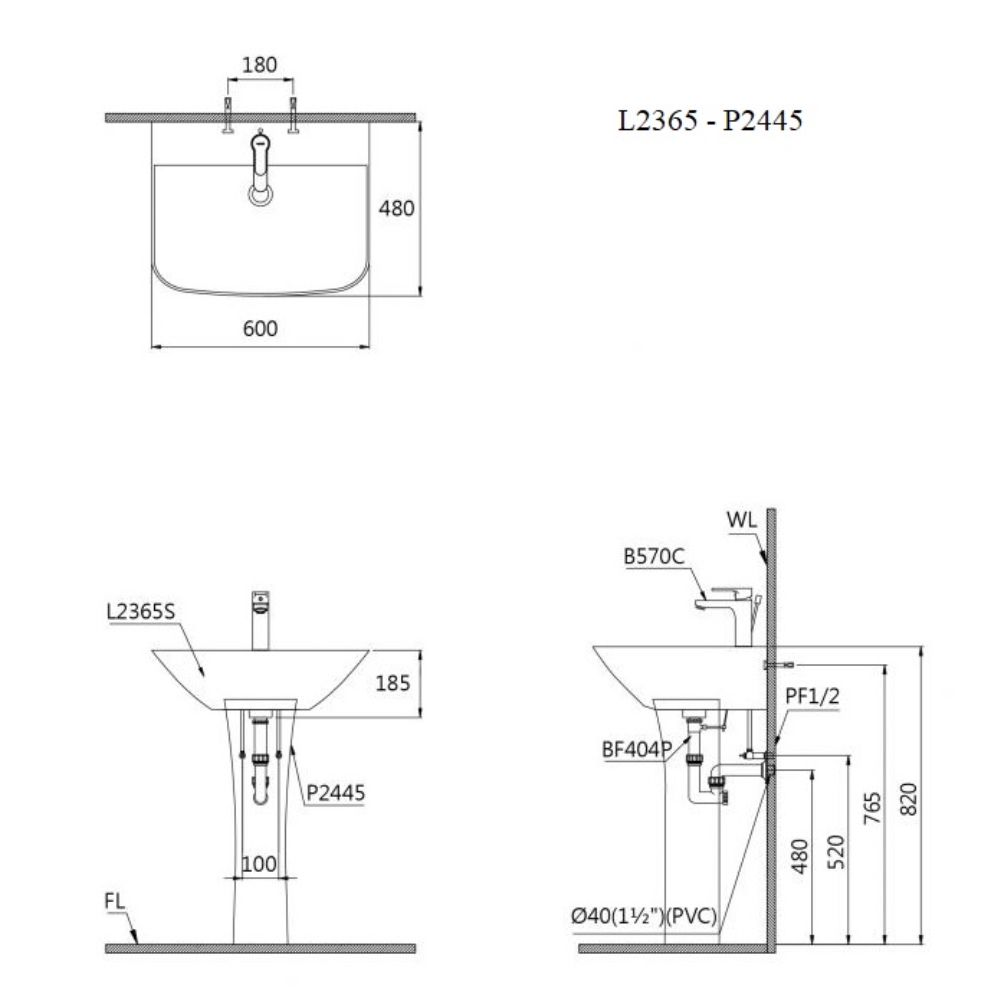 Chậu rửa lavabo treo tường chân dài Caesar L2365+P2445