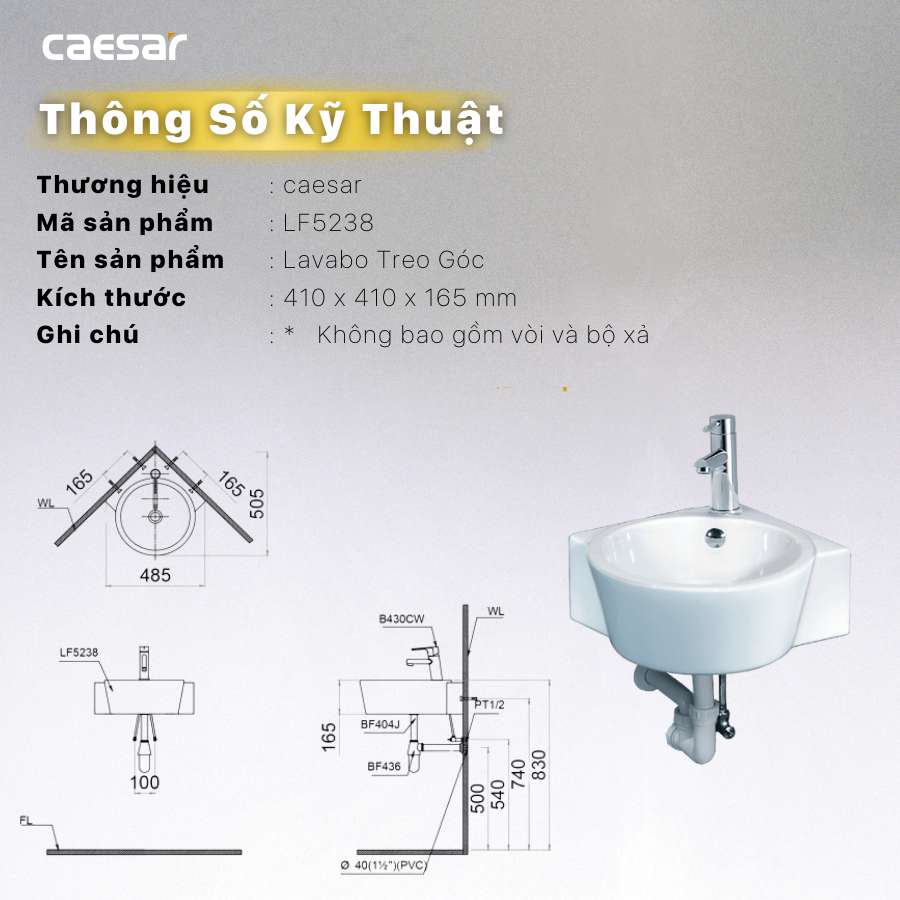 Chậu rửa lavabo treo tường đặt góc Caesar LF5238
