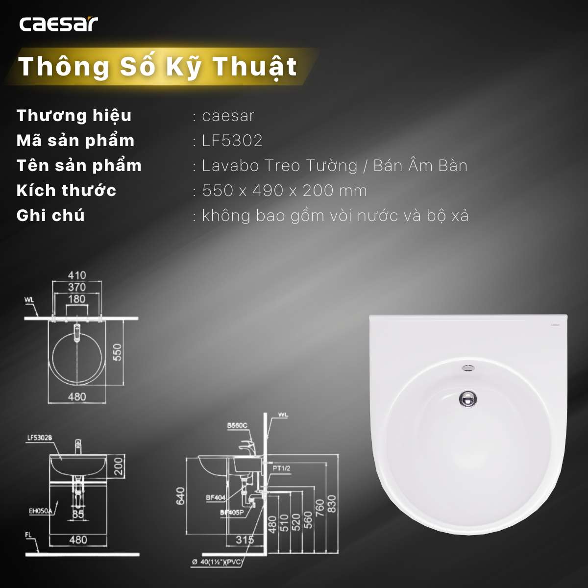 Chậu rửa lavabo dương vành Caesar LF5302