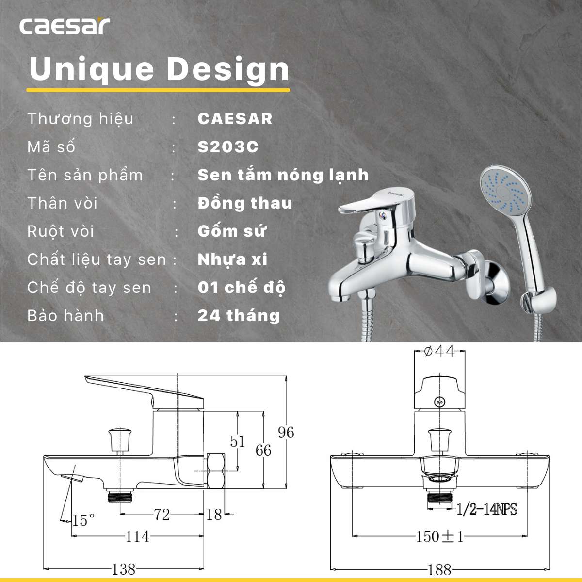 Bộ vòi sen tắm nóng lạnh Caesar S203C