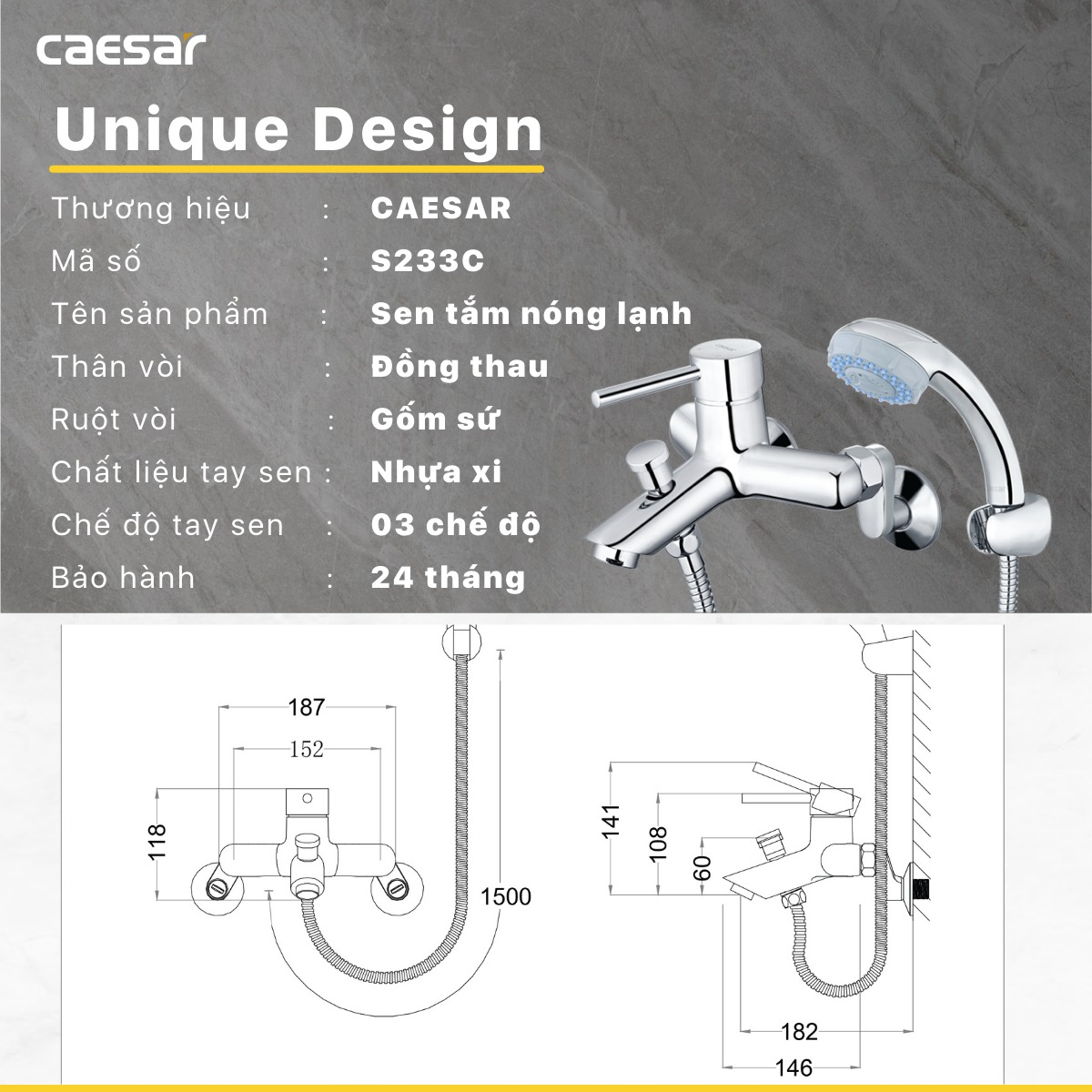 Bộ vòi sen tắm nóng lạnh Caesar S233C