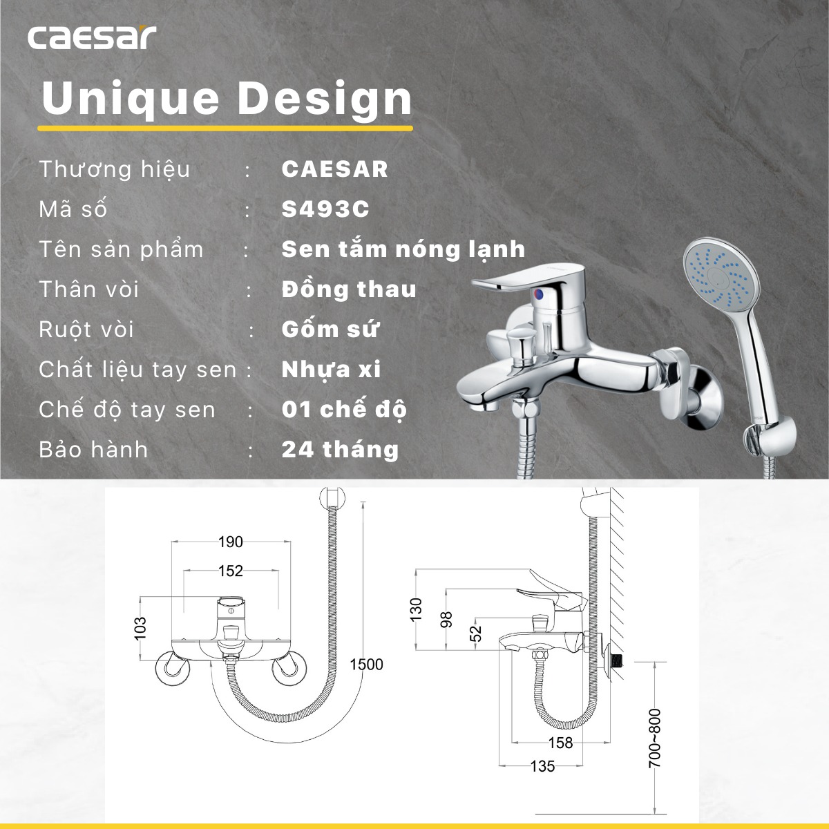Bộ vòi sen tắm nóng lạnh Caesar S493C