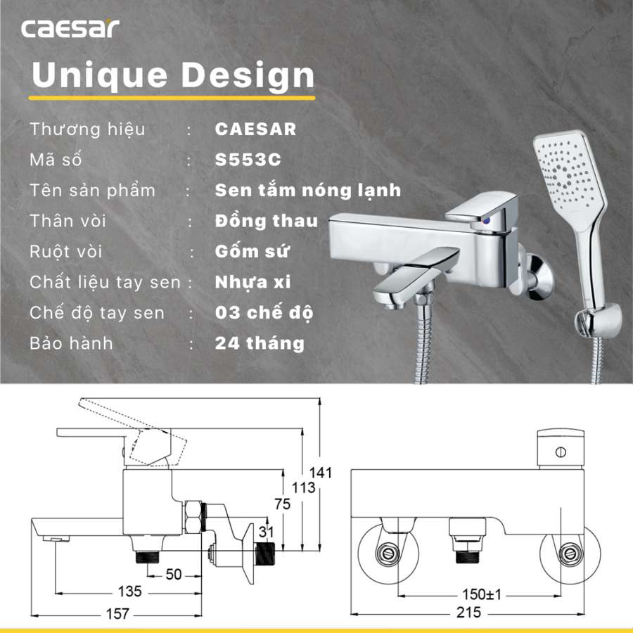 Bộ vòi sen tắm nóng lạnh Caesar S553C