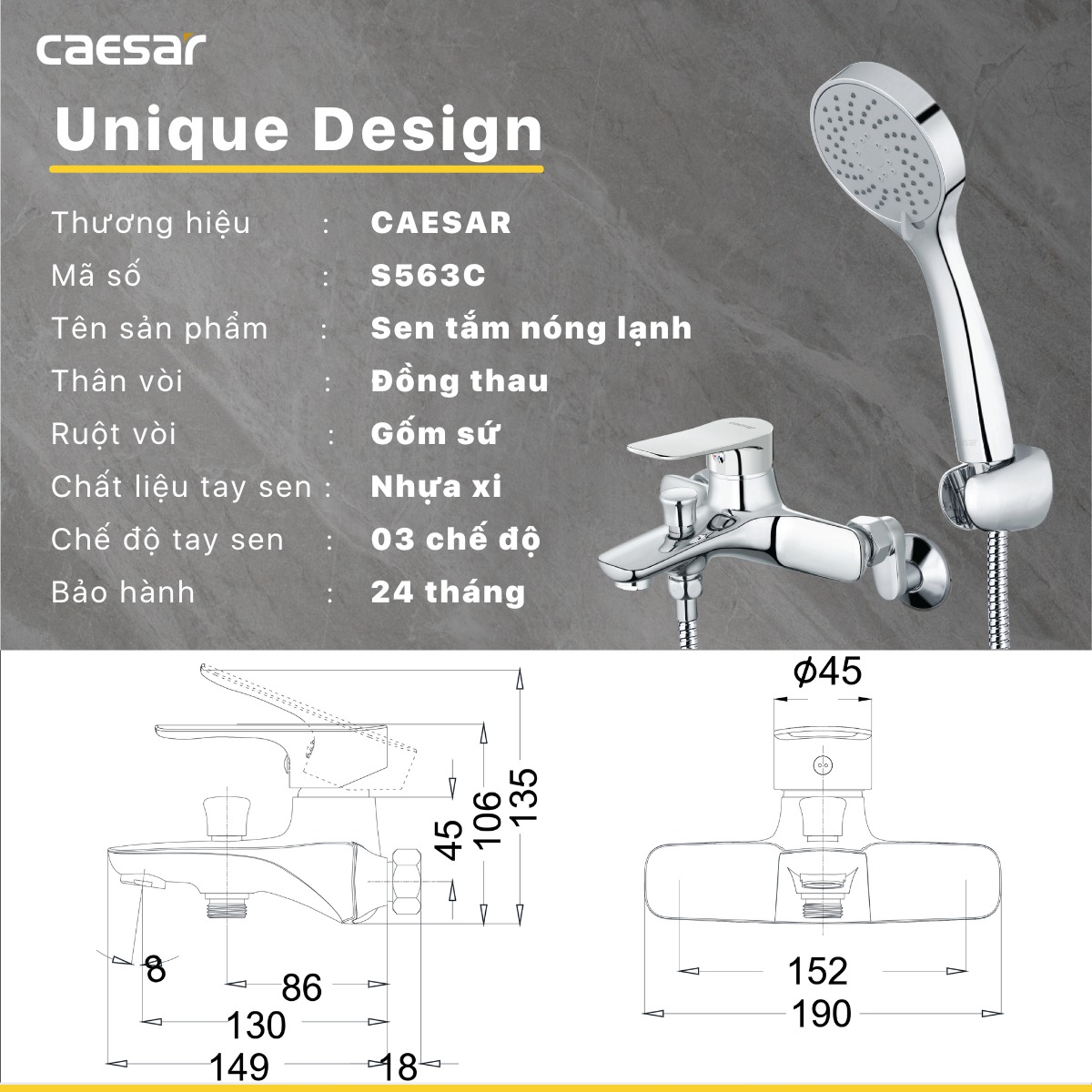 Bộ vòi sen tắm nóng lạnh Caesar S563C