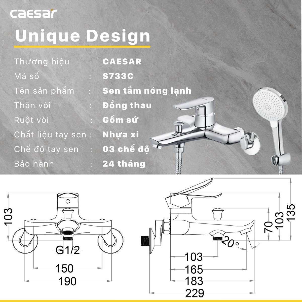 Bộ vòi sen tắm nóng lạnh Caesar S733C