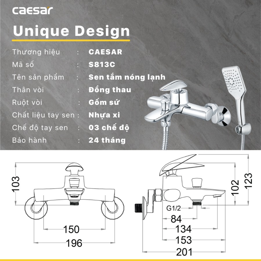 Bộ vòi sen tắm nóng lạnh Caesar S813C
