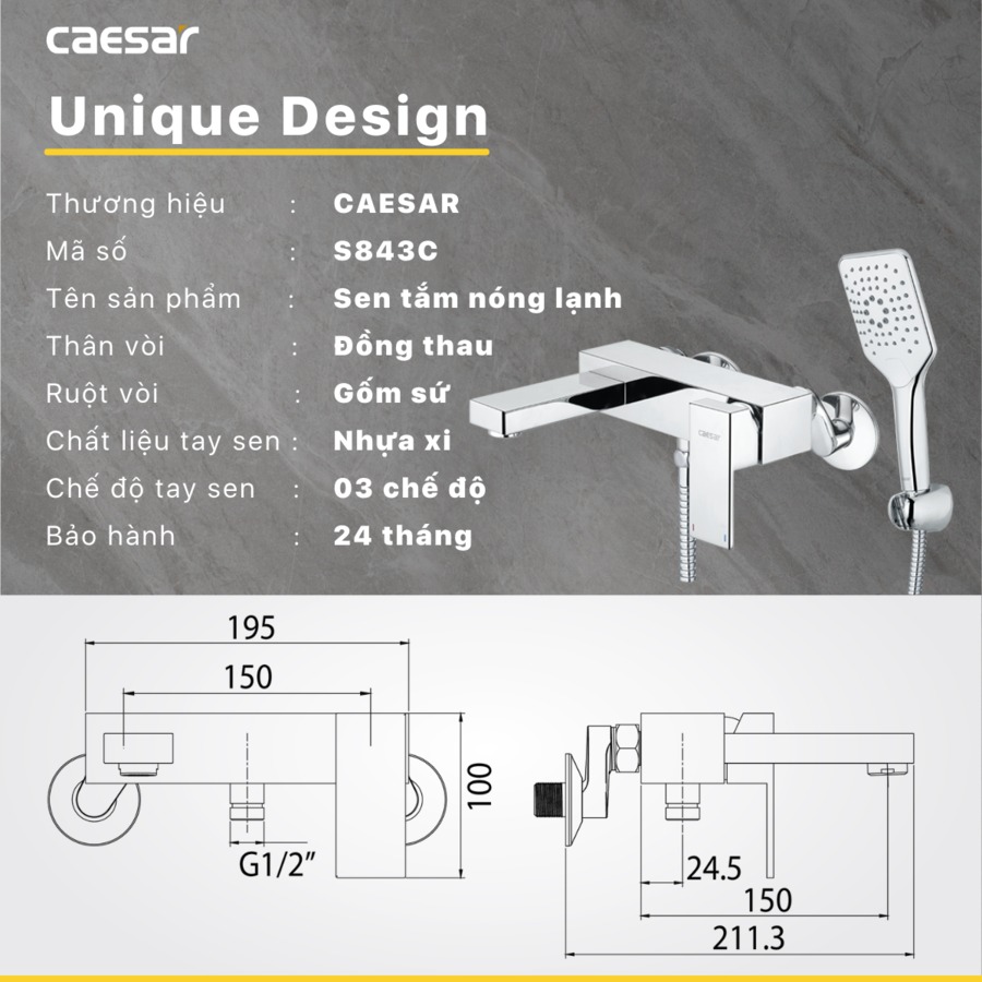 Bộ vòi sen tắm nóng lạnh Caesar S843C