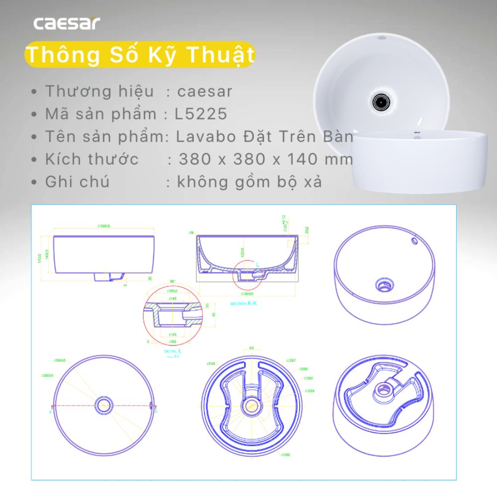 Chậu lavabo đặt bàn Caesar L5225