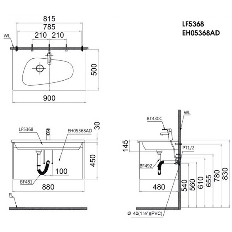 Bản vẽ kỹ thuật tủ chậu rửa Lavabo Caesar Dương Bàn LF5368 