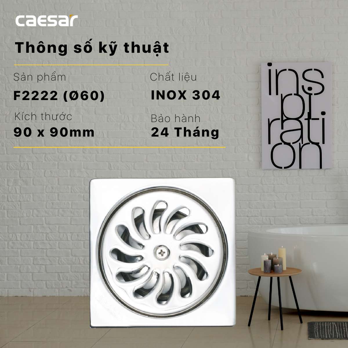 Phễu thoát sàn inox 304 9x9cm φ60 Caesar F2222