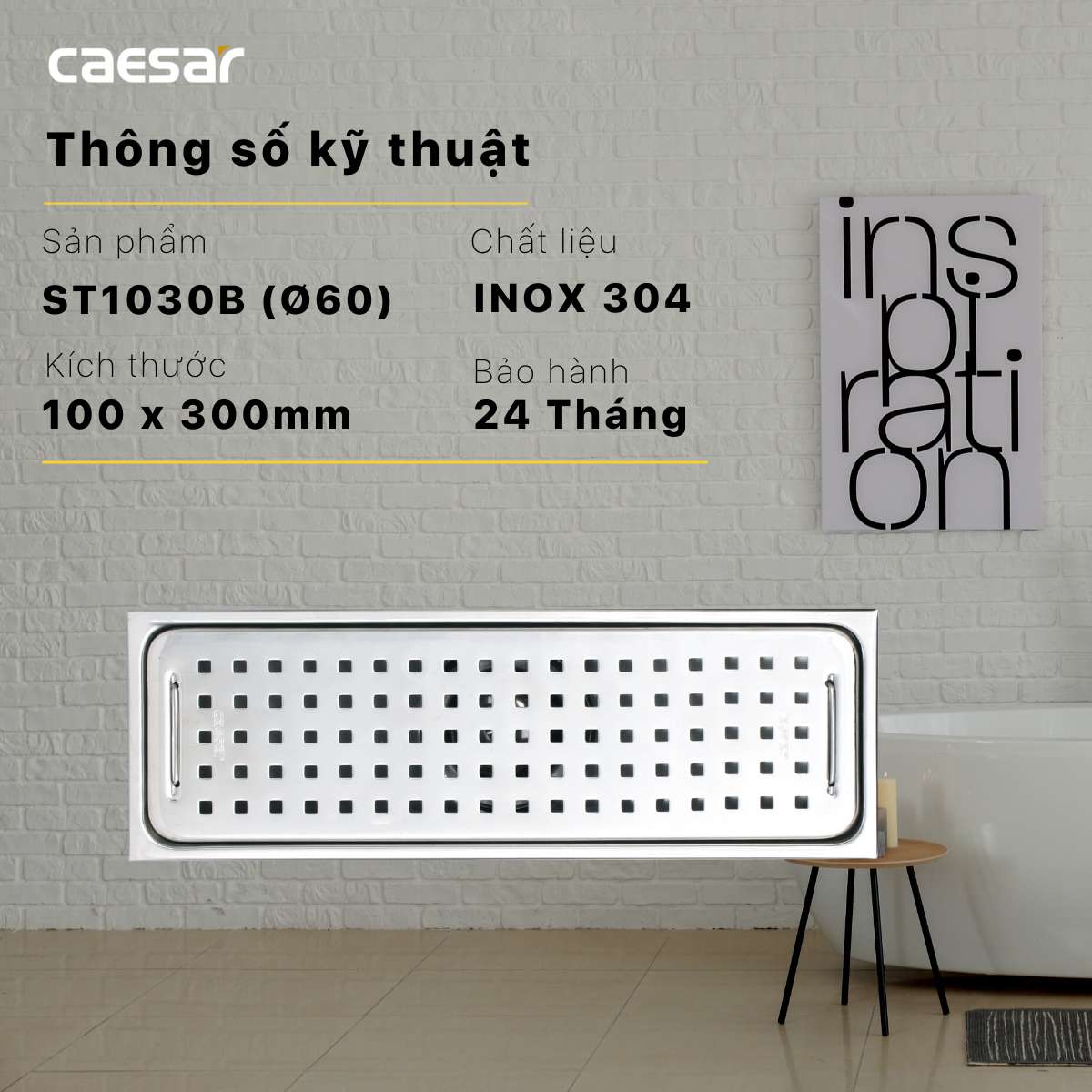 Phễu thoát sàn dài 10x30cm ø60 Caesar ST1030B